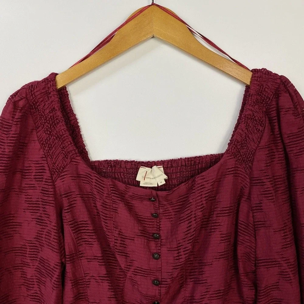 by ANTHROPOLOGIE Romantic Women's Top Medium Burgundy Puff-Sleeved Leaf Print - Picture 2 of 10